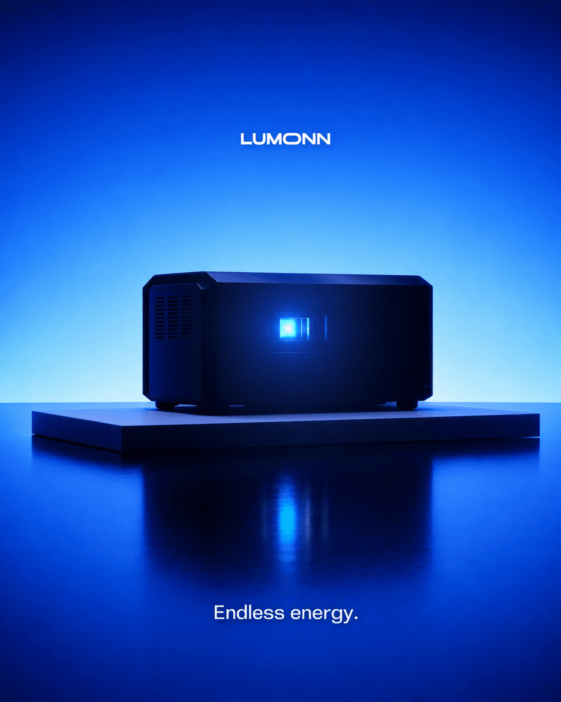 Lumonn power module on a luminous pedestal in a deep cobalt environment
