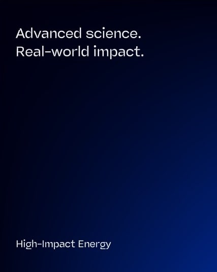 Lumonn brand poster reading 'Advanced science. Real-world impact. High-Impact Energy' on a deep cobalt gradient.
